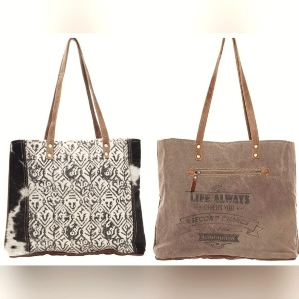 Myra Bag woven cotton and Real cow Fur/ hide Handcrafted Large Shoulder Tote